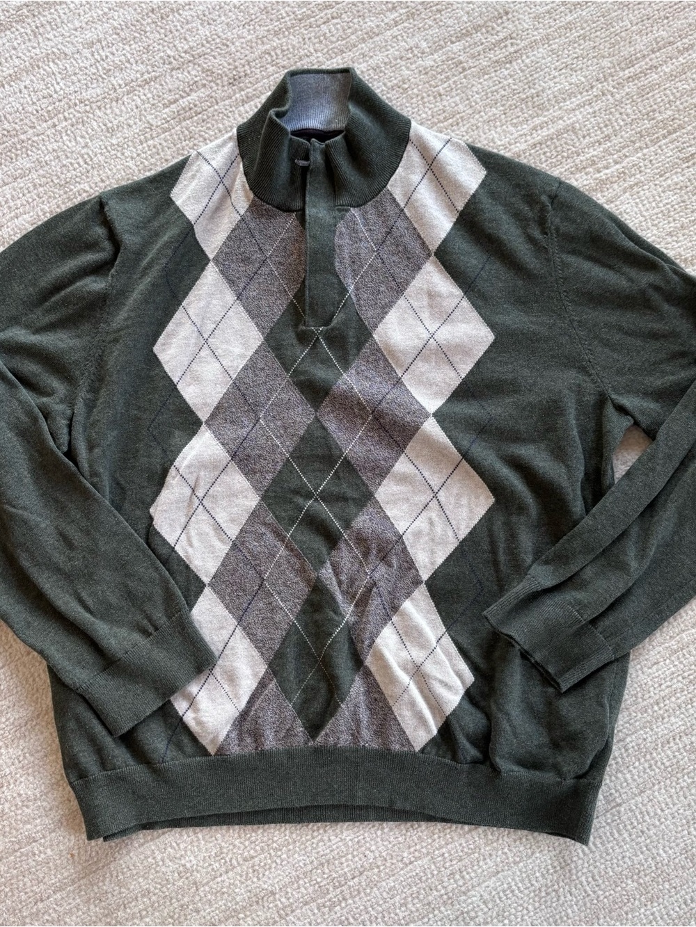 Tasso Elba Men's Green Argyle Half-Zip Sweater with Gray and Cream Diamonds